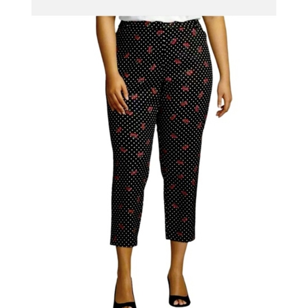 Liz Claiborne Career Women Black W/ White Polka Dots Red‎ Flowers Pants Size 16